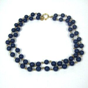 David Aubrey Multi Strand Blue Glass Beaded Necklace Gold Tone Choker Artisan